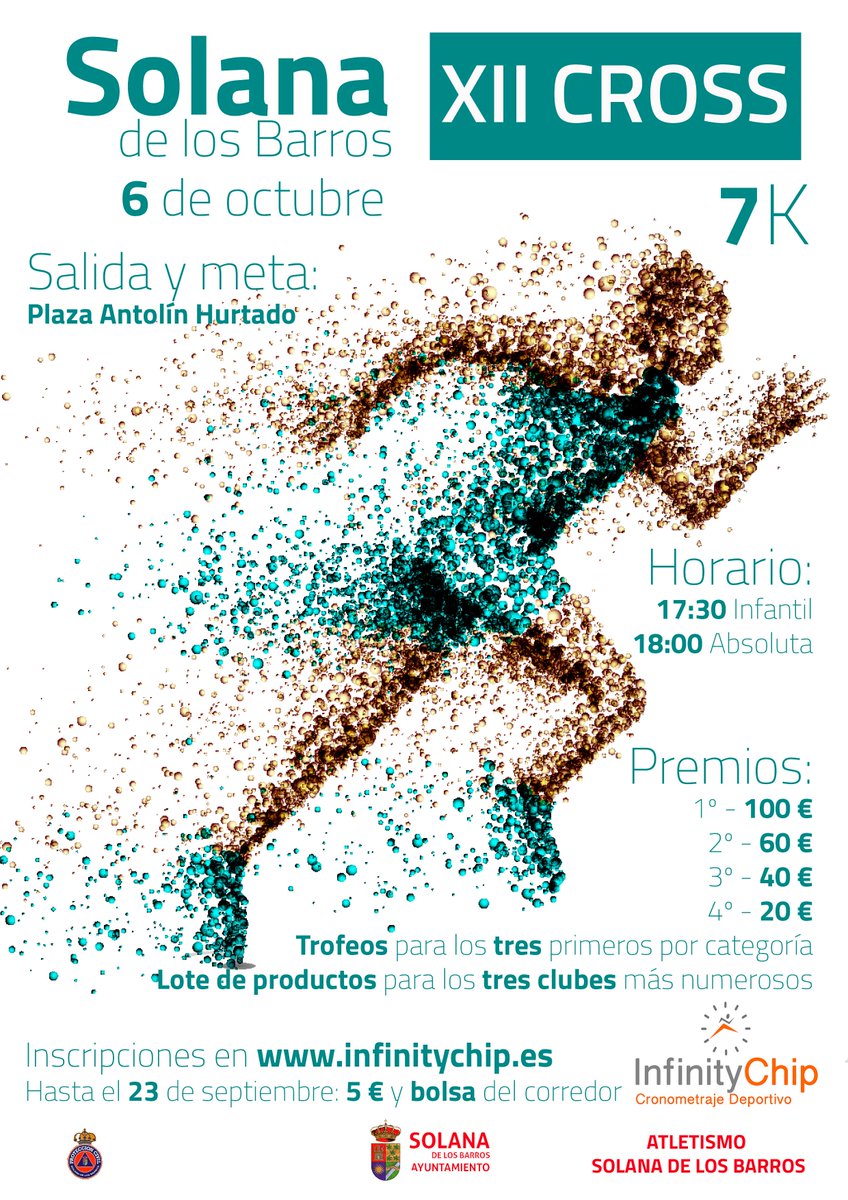 🏆 XII CROSS SOLANA DE LOS BARROS |

📆 Sábado, 6 de octubre
⏱ 17:30 (infantiles) / 18:00 ()
🏁 Salida y meta desde Plaza de Antolín Hurtado
🥇 Premios: 1º (100€), 2º (60€), 3º (40€) y 4º (20€)
📝 Inscripciones en: infinitychip.es