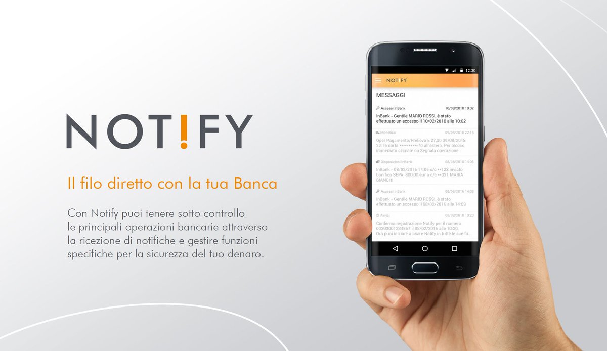 BccCastagneto's tweet photo. Da oggi i clienti che hanno attivato la APP NOT!FY ricevono le notifiche di spesa o di prelievo della carta bancomat non più via SMS ma bensì su questa utilissima piattaforma di notifiche della Banca. Sei nostro cliente? Affrettati ad attivarla, è gratis! https://t.co/WYhMeekh92