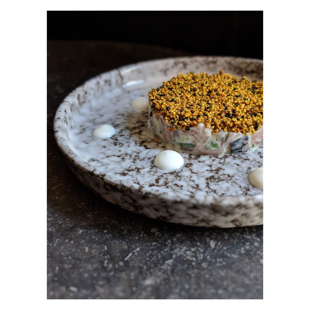 N E W  •  D I S H
Mackerel tartare, crème fraîche, apple, amaranth &amp; sesame crumb
.
#newmonthnewmenu #mackerel #tartare #localfish #mgpldn #heddonstreet #regentstreet #london