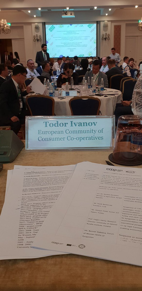 EuroCoopTeam's tweet photo. Lift-off! Moderating Session "Enabling Legal &amp; Policy Environment" for #coops, analysing #growth &amp; #development factors; the law provides the frame, the national #coopunion provides #knowhow how to operate the #coopmodel! #cooplaw #identity #BishkekForum @Todor_D_Ivanov @ICAAPAC https://t.co/c1luG8XWSy