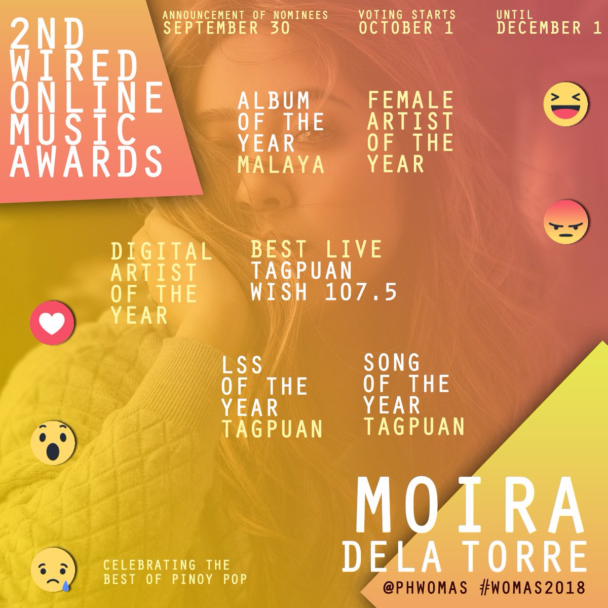 phwomas's tweet photo. Here are the nominations of Moira dela Torre for #WOMAS2018
Full list of nominees will be announced on September 30, stay tuned! 
https://t.co/SRZhJBDeL9 https://t.co/IXZ1L02gBI