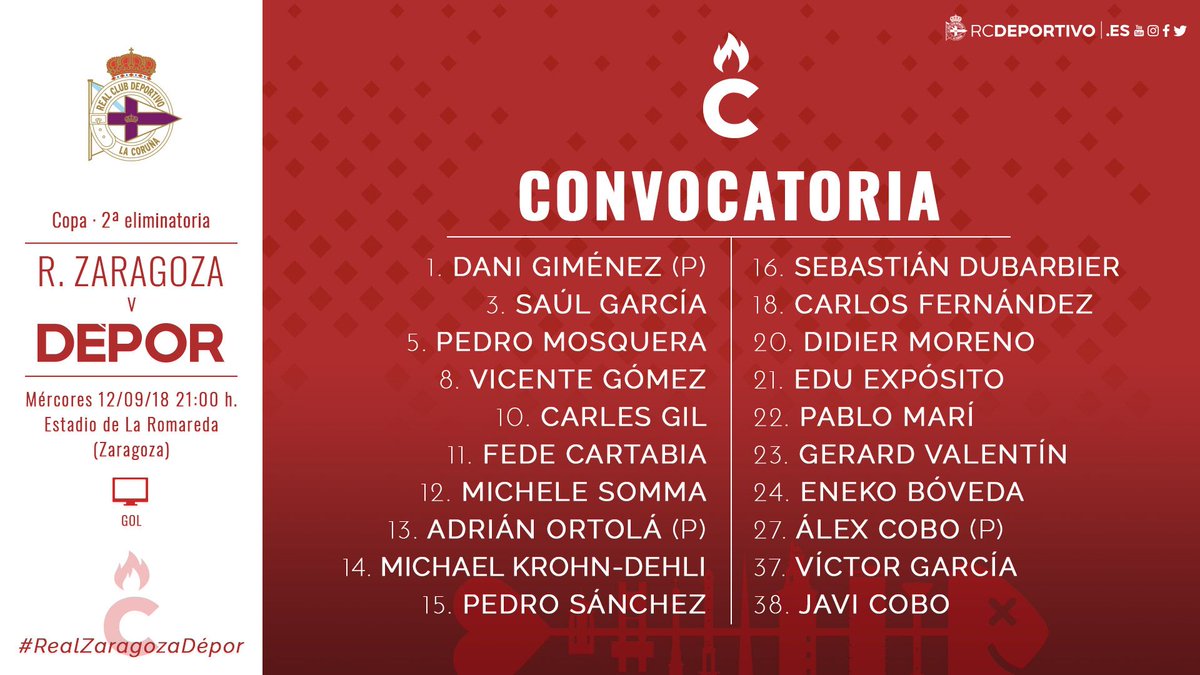 Lista de convocados del Dépor para jugar contra el Zaragoza (Foto: RCD).