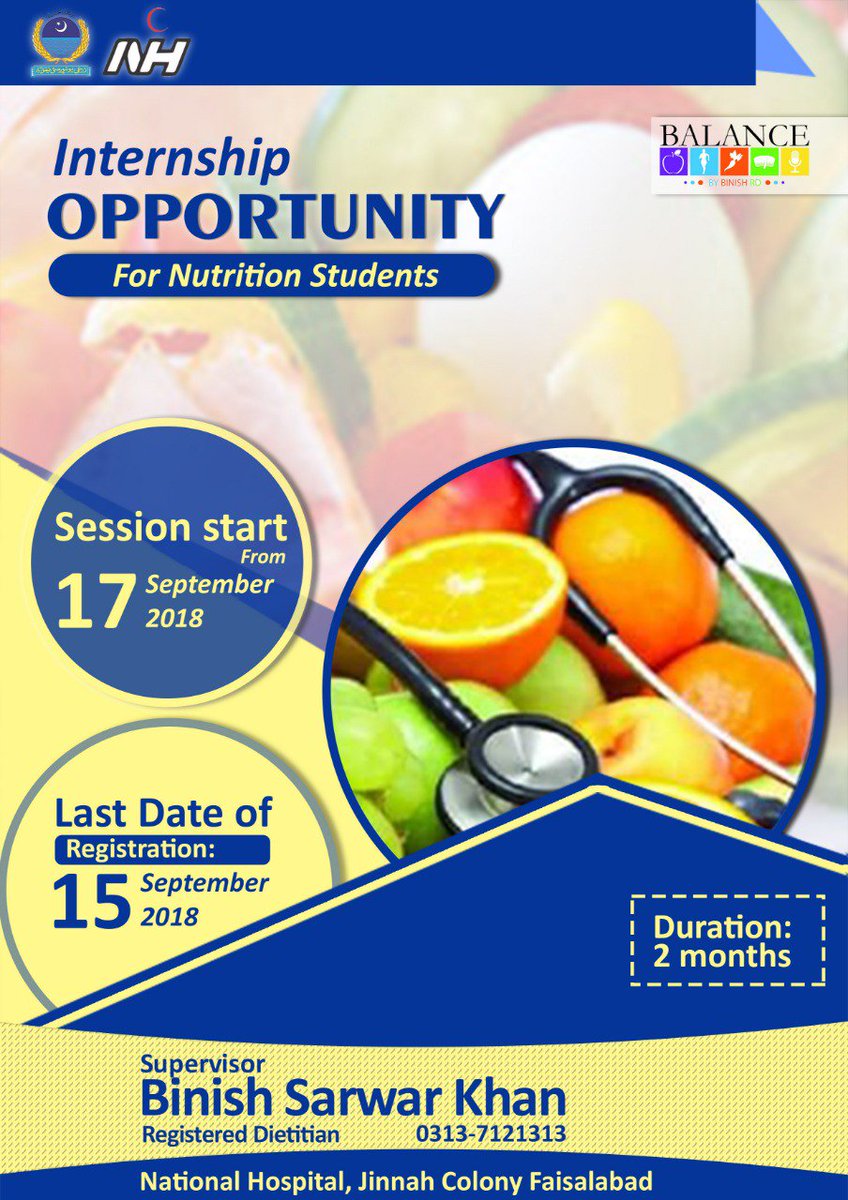 binishsarwarRD's tweet photo. #BalanceInternship
Here is an announcement for  students who are studying in respective programs :
🔹Human Nutrition and Dietetics(HND)
🔹Food Science and Nutrition (FSN) 
#RegistrationStart from : 15 September 
#SessionStart : 17 September
#BalanceByBinishRD 
#NationalHospital https://t.co/mgtDcka8BB