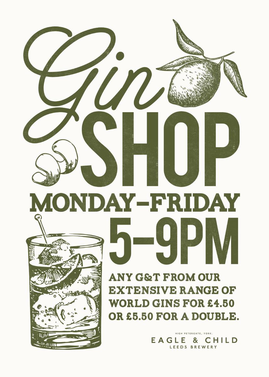 Ginshop Mon-Fri 5-9pm 

#gin #york #yorkpubs