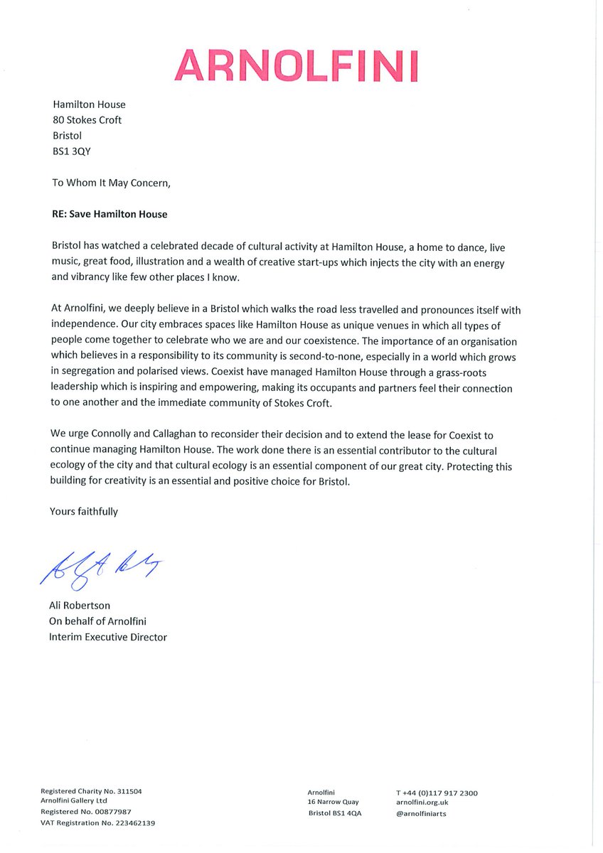 Coexist_UK's tweet photo. @ArnolfiniArts have sent us a beautiful letter supporting the work and community that exists in @HamiltonHouseBR ! π #letuscoexist #valuenotprofit #savehamiltonhouse Join the movement and let's safeguard Bristol's vital community spaces @MarvinJRees @BristolCouncil @ThangamMP https://t.co/R6qL7DXCPJ