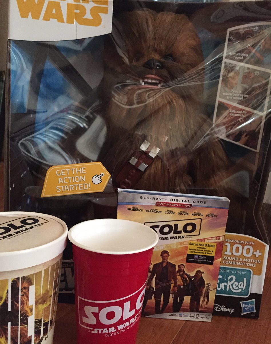 TaraDBennett's tweet photo. Chewie is luring me into a night of Wookie partying because #SoloBluRay is out today. Lord knows what he's putting in our Solo cups 👀🎉😎 https://t.co/kMoYoOQZuy