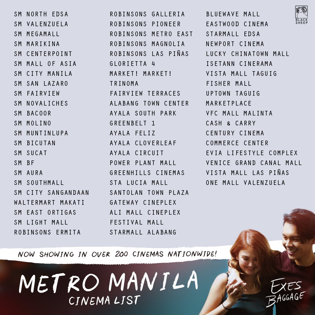 Black_SheepPH's tweet photo. Kahit saang parte ka man ng Pilipinas, we gotchu, fam. Check out the full list of cinemas for EXES BAGGAGE! So, saan ka manonood?

#ExesBaggageNowShowing https://t.co/is0eomxGuy