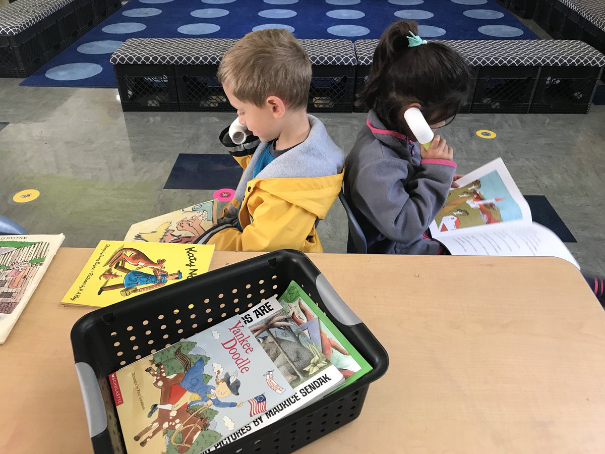 MissKimsKinders's tweet photo. Readers used whisper phones to read our old favorite storybooks. We love our reading tools. Ask your K about whisper phones today. #PrivateReading #WhisperPhones #TCRWP @lasdk8 @OakPrincipal @MissDugansKs https://t.co/8EbvRuCTRS