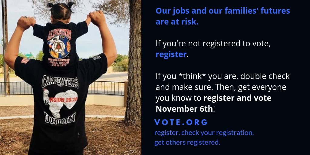 WSCarpenters's tweet image. Are you registered to vote? Be sure you're ready to help build a better tomorrow by visiting vote.org and stay informed through swcarpenters.org/hammerthevote. #SWCarpenters #NationalVoterRegistrationDay #HammerTheVote #MidtermsMatter #ItsUpToUs