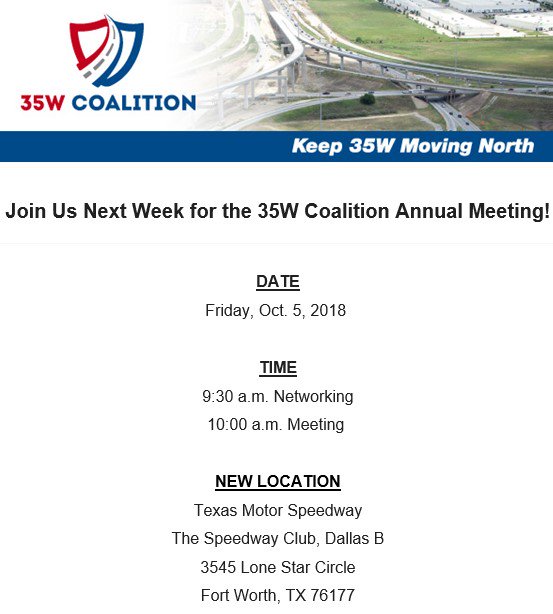 35WCoalition's tweet photo. Reminder! Our Annual Meeting is NEXT WEEK on Friday, Oct. 5. It will focus on innovative transportation solutions and feature industry experts of well-known revolutionary companies including: @AECOM’s Steven Duong, @driveai_'s Don Lepard and @Uber @travisconsidine Don't miss it! https://t.co/bYODyiYEAq