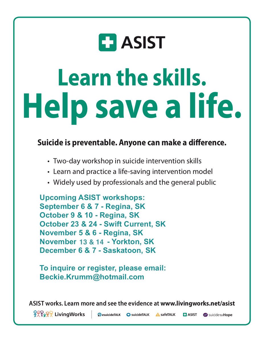 Learn the skills. Help save a life. Beckie K. facilitates ASIST Workshops (Applied Suicide Intervention Skills Training) across the province. If you are interested to learn more &amp; want to participate in any of the upcoming ASIST workshops for Fall 2018, feel free to contact her!