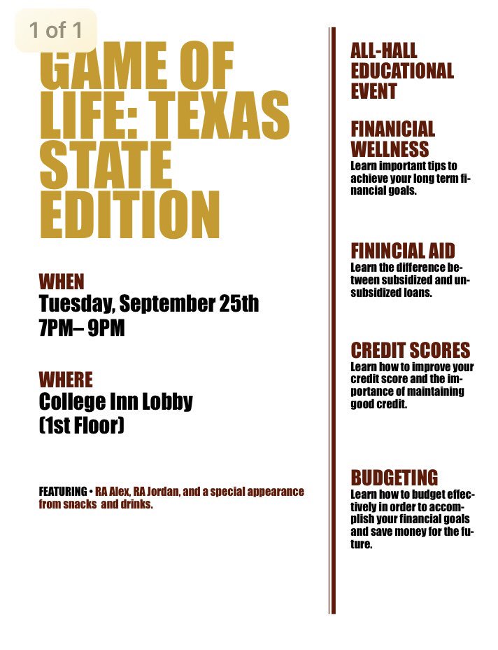 CollegeInnTxSt's tweet photo. TONIGHT...1st Floor Lobby...Come @ 7-9pm and learn about budgeting, credit scores and much more! 💰💳✨ https://t.co/Rw7j5S4CbN