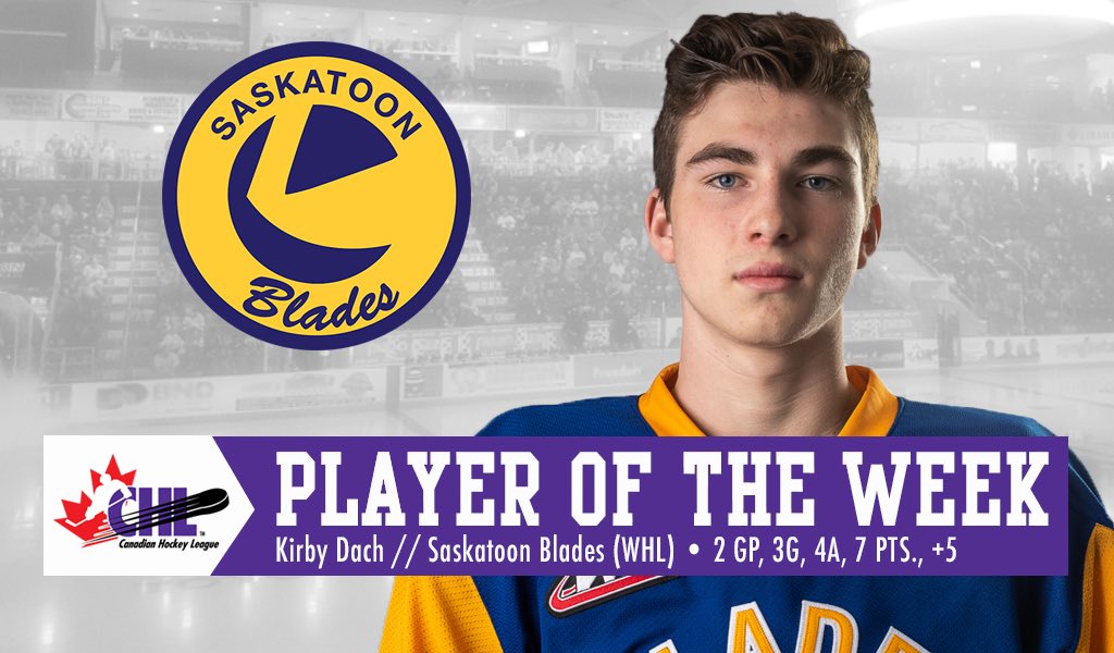 CHLHockey's tweet photo. #CHL Player of the Week is 2019 #NHLDraft prospect Kirby Dach of @BladesHockey with 7PTS in 2GP including his first career 🎩🎩🎩 as part of #WHLOpeningWeek: https://t.co/t25ThKis2t https://t.co/cYeTCwnk67