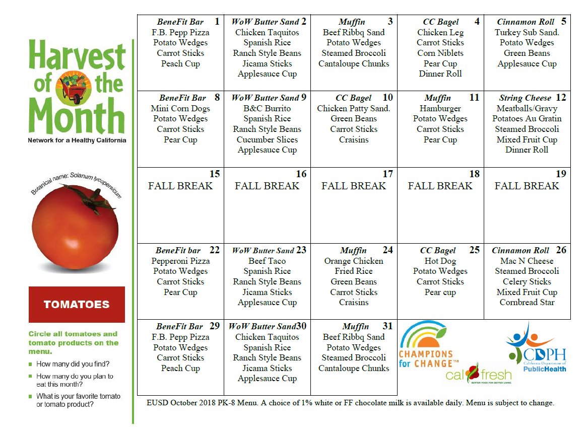 EUSD_Nation's tweet image. October is less than a week away but #ExeterUSD Nutrition Services is prepared! Check out our lunch menus for October to see what tasty treats we're cooking up!

#schoollunch #ExeterCA #schoollunchmenu #nutrition #nutritionmatters