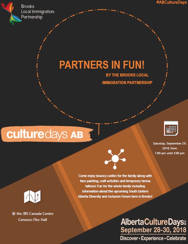 Accessible community events are family friendly! We've got your family fun covered this Saturday September 29 from 1:00pm - 3:00pm at the JBS Canada Centre. Come for the snacks and culture show, stay for the fun! 
#BrooksLIP #SADIF #Communityunited