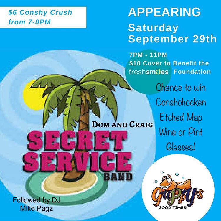 FreshSmiles1's tweet photo. Saturday 7-11pm @DomandCraig Secret Service Band @DJMikePagz to follow $10 cover benefits our foundation @GuppysGoodTimes @ConshyBorough @conshohocken #conshohocken #philadelphia @KatinaNatale @meganresh @kathyromano11 https://t.co/4y2ULGXBe4