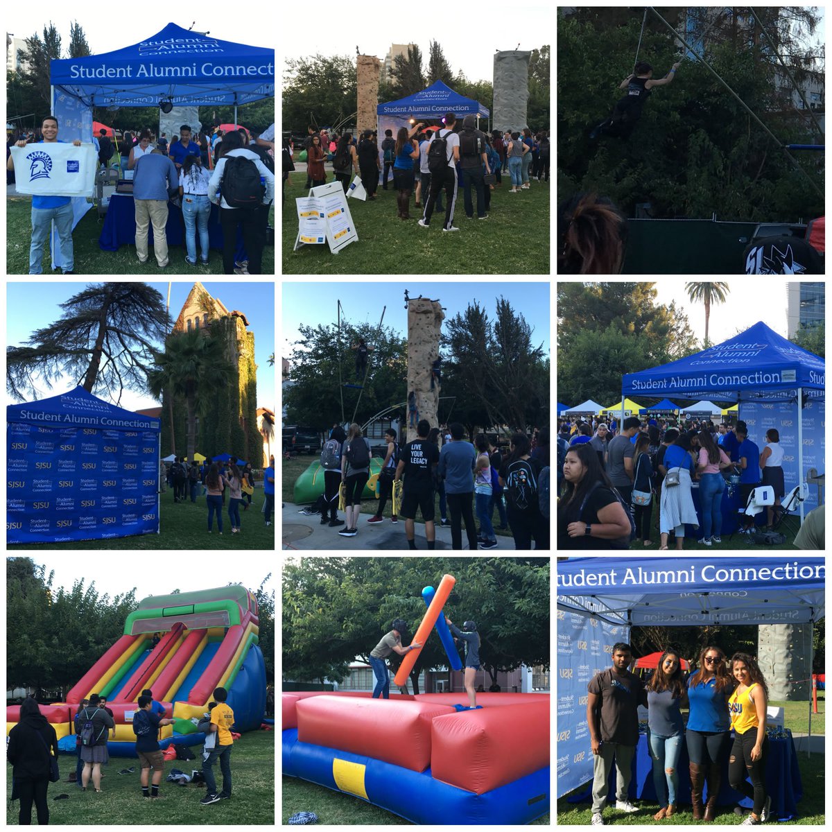SjsuSac's tweet photo. #SJSU students pick up your wristband at the Student Alumni Connection booth , @SJSU Fire on the Fountain Giant Inflatable Zone 10/27! #Slide #Joust #RockWall #BungeeJump @ASsjsu @SJSU https://t.co/T0XLZsjPMQ
