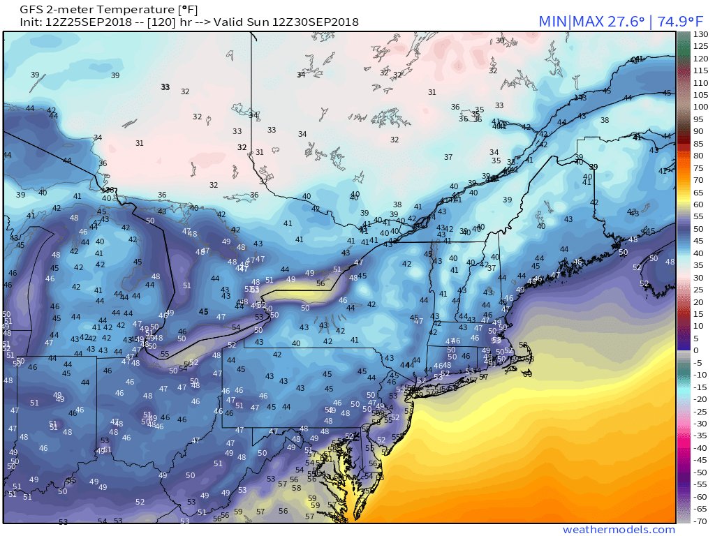 Eric_Fink's tweet image. GFS low temperatures via #weathermodels for Saturday morning and Sunday morning. Our first true taste of fall across the northeast.