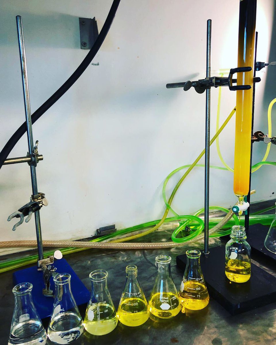 Column #chromatography is a common technique used to separate individual compounds from a mixture. You can see the different phases between photos as the solvent filters through the column. Check out our friends over at @cutthroatlabs for a post on Thin Layer Chromatography.