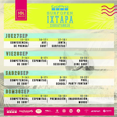 Y a pocos días de comenzar el #GoProSurfOpenIxtapa te compartimos el calendario de actividades. Mantente en sintonía para más actualizaciones de este gran evento.
....
<a href="/GoProMX/">GoPro</a> <a href="/pacificaresorts/">Pacifica Resorts</a> <a href="/VisitIZ/">Ixtapa Zihuatanejo</a> <a href="/SurfOpenLeague/">Surf Open League</a>
#Calendario #SOL #3días #SurfOpenLeague #Ixtapa #Escolleras