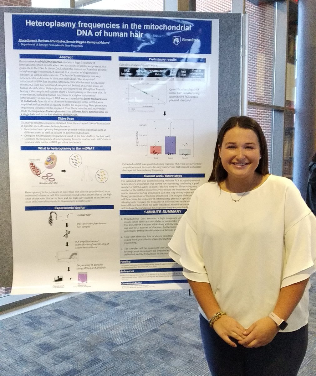 Alison Barrett presenting her work on mtDNA heteroplasmies in hair at the Eberly College of Science  Undergraduate Research Poster Exhibition tonight <a href="/MakovaLab/">Kateryna</a> <a href="/PSUScience/">Penn State Eberly College of Science</a> <a href="/PennStateBio/">Penn State Biology</a>