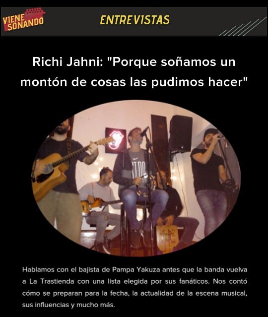 #Entrevistas hablamos de todo con <a href="/RichiJahni/">Richi Jahni</a> bajista de <a href="/PAMPAYAKUZA/">Pampa Yakuza</a> palpitando el duelo de #PampaVsYakuza en La Trastienda.

Lee la nota acá:vienesonando.weebly.com/entrevistas/ri…

Gracias a <a href="/gonnagoprod/">Gonna Go!</a> y <a href="/nadyacabrera1/">Nadya Cabrera</a>.