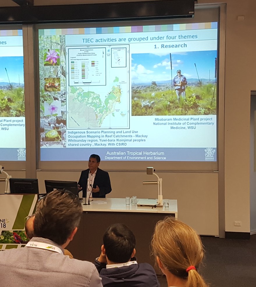 mike_young00's tweet photo. "Maintenance of indigenous knowledge and cultural practice is becoming urgent." - Gerry Turpin outlines the activities of the @aust_trop_herb Tropical Indigenous Ethnobotany Centre. #SERA2018 @SERAustral https://t.co/sl7MDy4z0q
