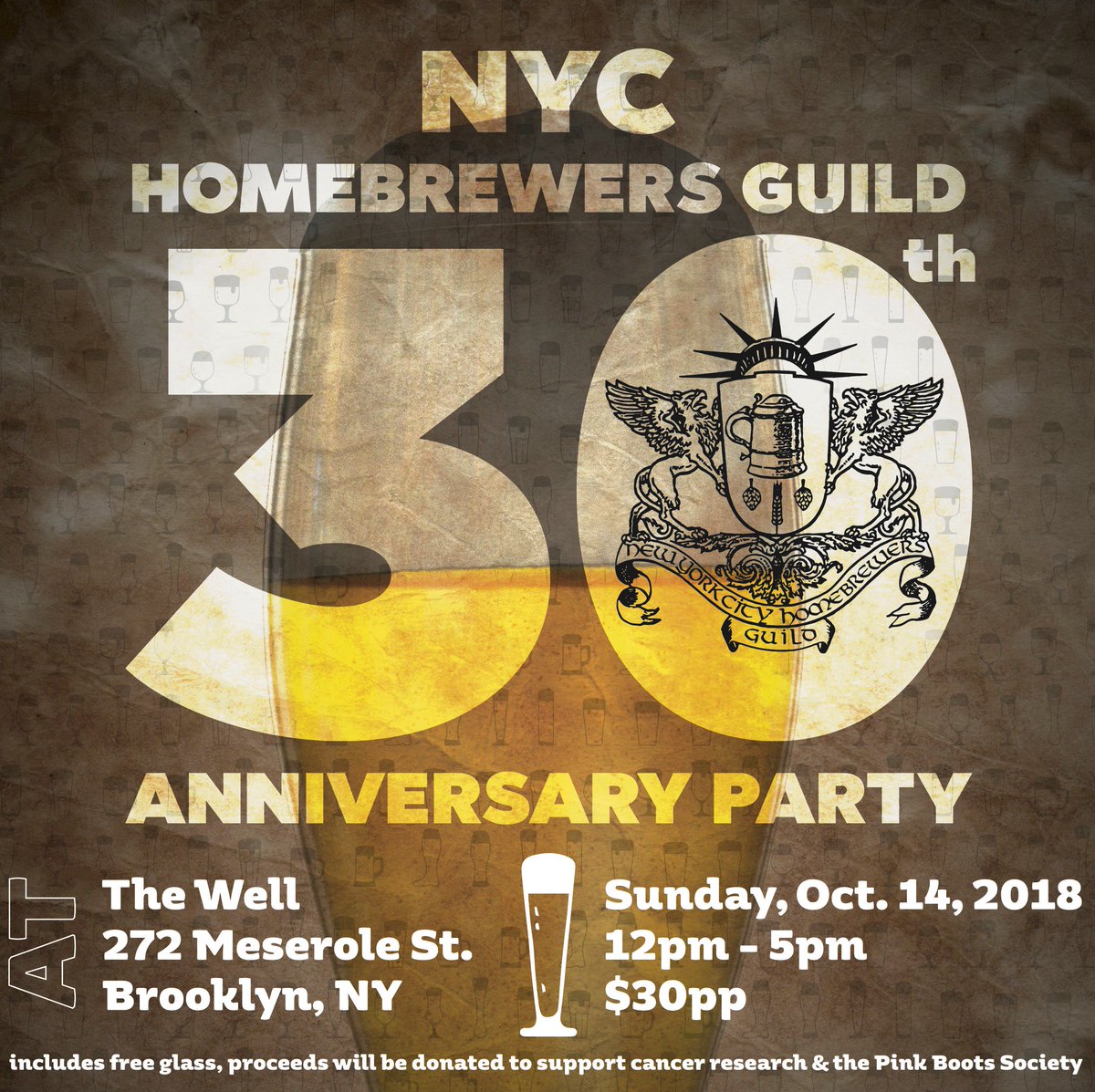 nychomebrew's tweet image. We’re turning 30! Celebrate with us Sunday, October 14 12-5pm. $30 gets you a glass and tastes of some beer made by current guild members, other local clubs, and pro alumni. Tickets at bit.ly/nychg30
