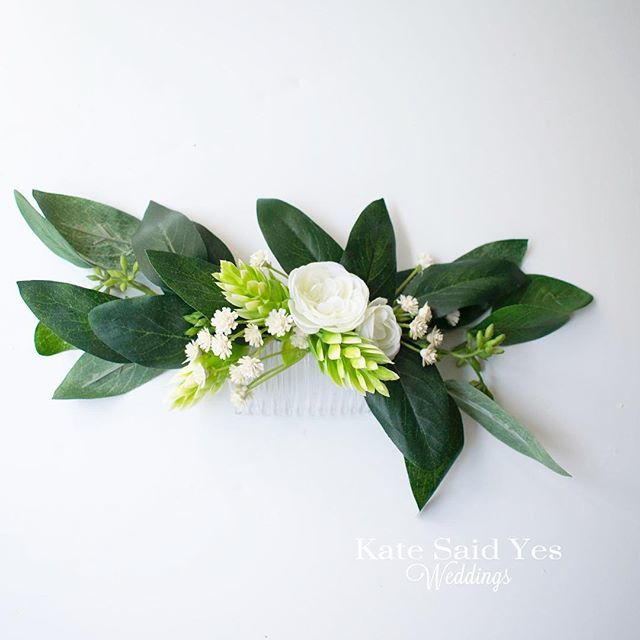 A pop of hops and peonies give this eucalyptus hair comb a romantic garden vibe.  Silk wedding hair comb available to order from Kate Said Yes Weddings. 
#weddingday #bride #weddinginspiration #weddingideas #bridetobe #bohobride #greenerywedding #hairpiece #haircomb #wedding…