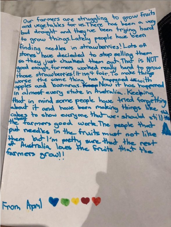 abclandline's tweet photo. 9-y-o April has a message for Australia. She wrote this letter after watching the news and her parents couldn't help but share. #inspiring
#smashastrawb #Aussiefarmers
📷: Ed Kim https://t.co/8FcipLGm3l