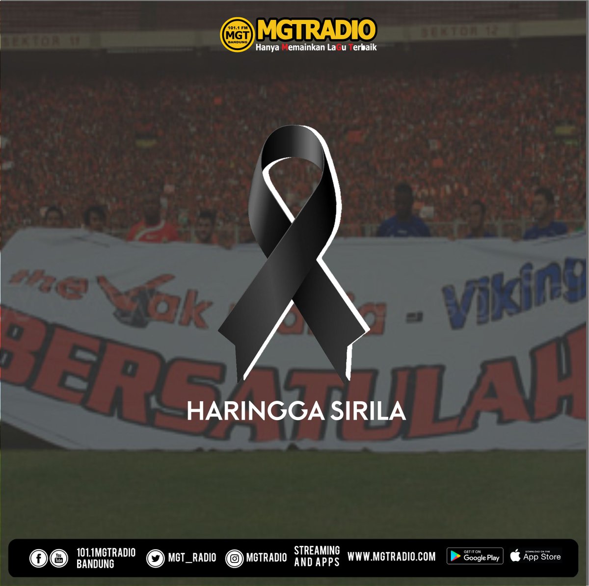 Turut berduka cita sedalam-dalamnya atas meningalnya Haringga suporter Persija kemarin

"Merah putih dan Indonesia Raya kita masih sama. Lebih baik tidak ada liga sepakbola jika harus mengorbankan nyawa manusia"
- ridwan kamil
 
#Ripharingga #turutberdukacita #haringga  #mgtradio