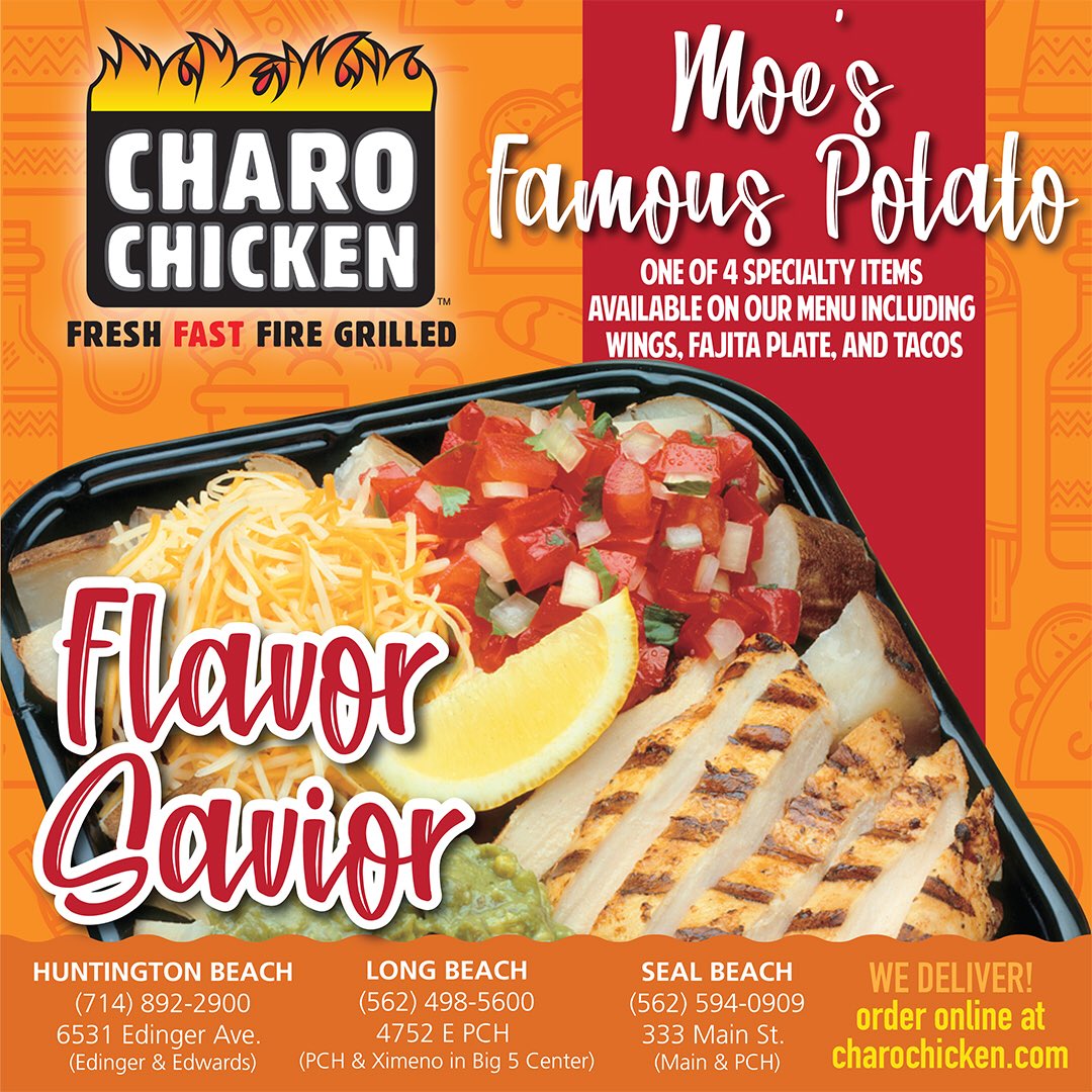 CharoChicken's tweet photo. Hungry and hot...what to do, what to do...💡how about Moe’s Famous Potato? That’s right, you know where to go, Charo Chicken! Let us do all the cooking tonite. #huntingtonbeach #sealbeach #longbeach #charochicken🐔 #lemongarlicchicken #moesfamouspotato https://t.co/0STLhsAThu