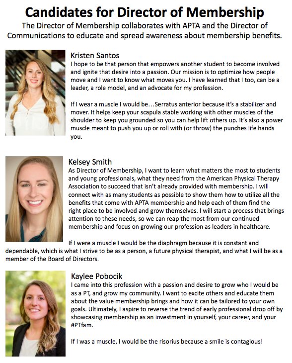 🚨 Less than 3 weeks until <a href="/aptansc/">APTA NSC</a>!!! Here another chance to get up to date on the new <a href="/APTASA/">Ana Paula Santana</a> leaders that will be elected in Providence, RI. Up to bat: The 3 candidates running for the Director of Membership position: @ksantos_spt @ksmithSPT <a href="/KayleePobocik/">Kaylee Pobocik, PT, DPT, ATC</a>