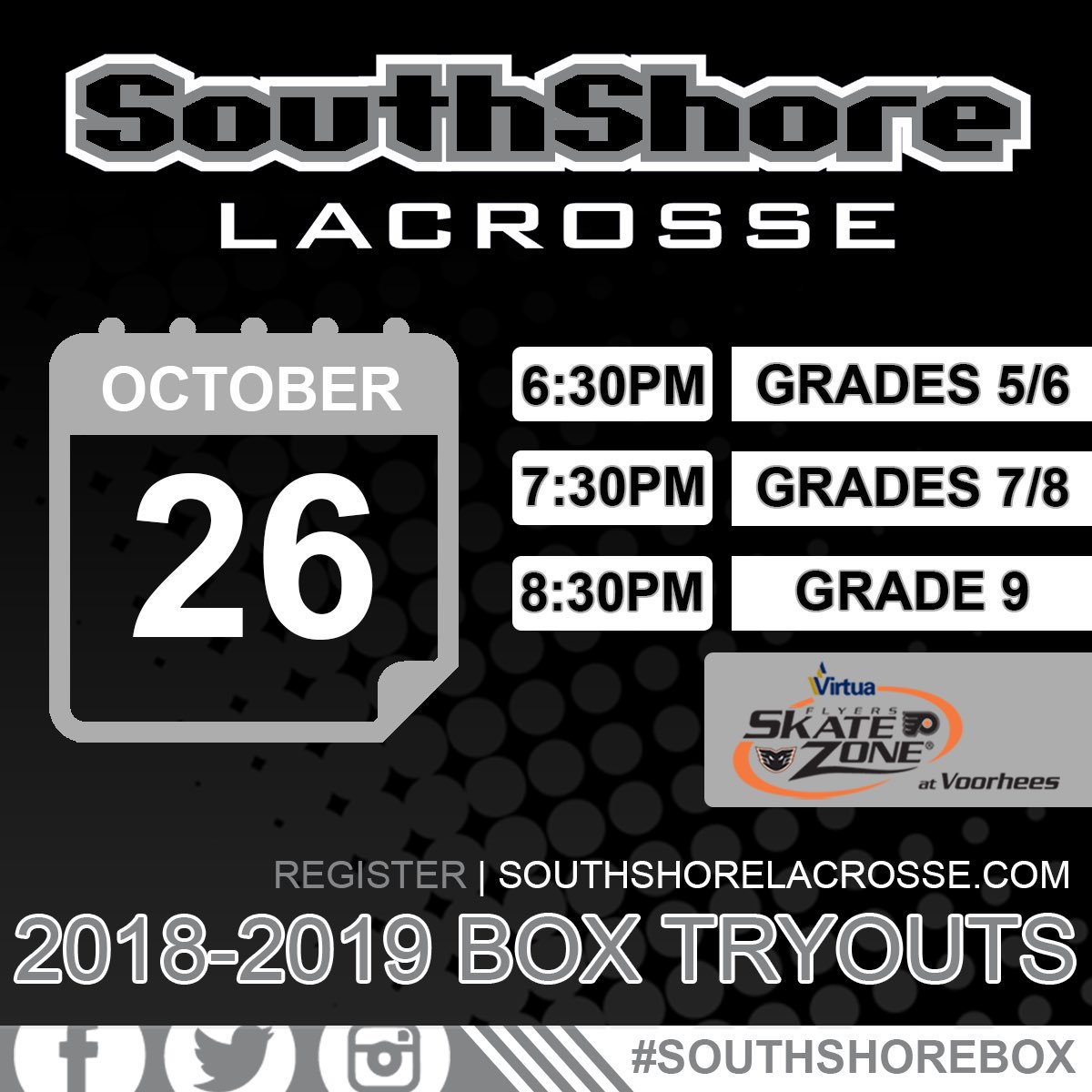 SouthShore Box Tryout Registration is now OPEN! Our Box Program, under the direction of coaches Bobby Thorp, Steve Pontrello and Mike Sutton is open to all players in grades 5 through 9. 

🔗 SouthShoreLacrosse.com/box-program for info and details. 
#FlyEaglesFly