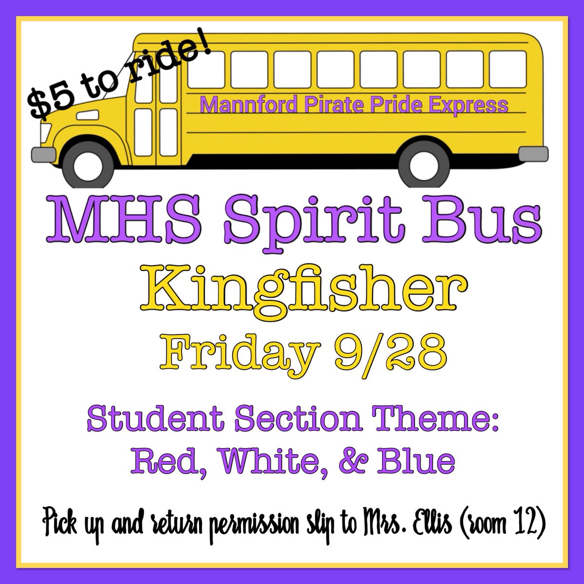 MHS_Spirit_Club's tweet photo. Hey PIRATE PIT! We’re taking a road trip to Kingfisher this Friday! Only problem is we need 30 riders and only 2 have signed up! If we don’t have the minimum by Wednesday, the Spirit Bus will be canceled! https://t.co/aBZ97E7Ozl