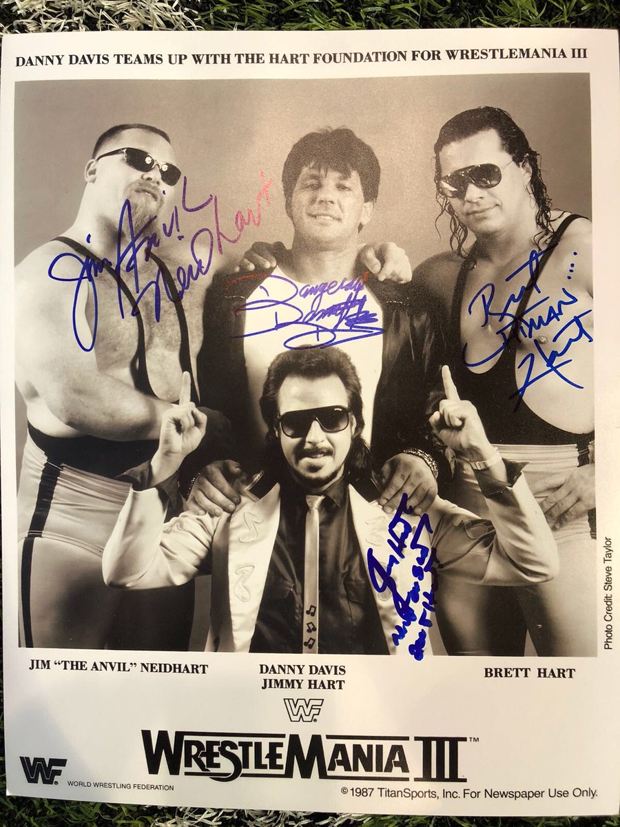 Wrestlemania 3 promo now signed by @BretHart , #jimneidhart @RealJimmyHart and #Dannydavis #hartfoundation @NatbyNature