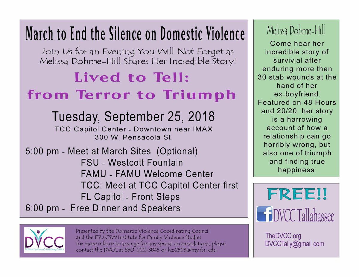 HEY #TALLAHASSEE, FL #STUDENTS! 
Come break the silence with us this Tuesday (9/25) evening and March with others to a #DVCC awareness event with free dinner 😉 and I’ll be speaking. This is the best way to kick off #DVawarenessmonth! #fsu #famu  #tcc #joinus