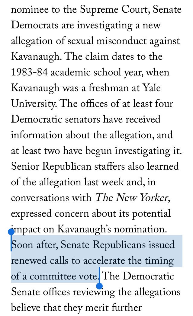 AdamSerwer's tweet image. When Senate Republicans learned of a second sexual abuse allegation against Kavanaugh, their reaction was to...demand the vote for his confirmation be moved up. newyorker.com/news/news-desk…