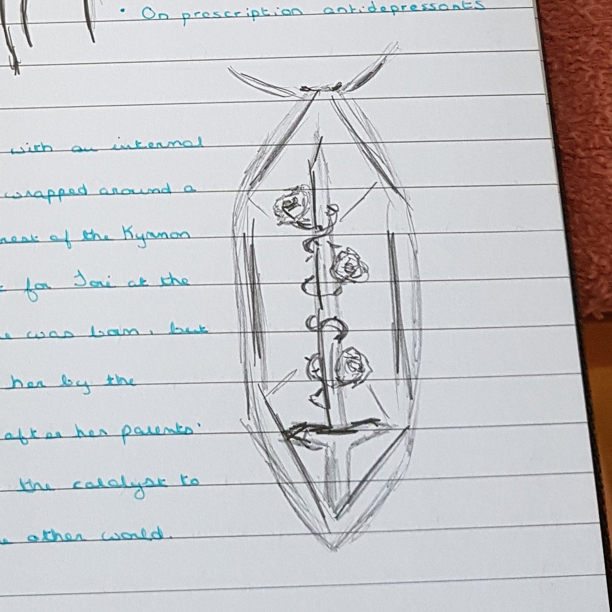 TraceyLynnTobin's tweet image. #InstaWriMo #NaNoPrep Day 23:
#MysteriousObject
.
How many times have I shared this same page now? 🙄
Well this is the &quot;mysterious object&quot; that sets #TheOtherWorldSeries in motion. It&apos;s a crystal pendent, &amp;amp; inside is carved a sword with rose vines twisting around it.
.
@nanowrimo