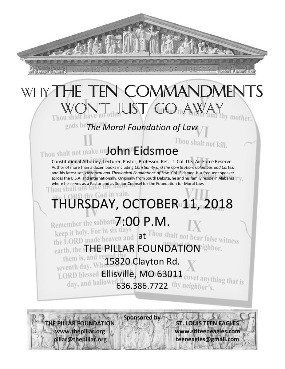 ThePillarFdn's tweet photo. John Eidsmoe back at Pillar Oct 11 7pm #tencommandments #johneidsmoe https://t.co/wvwtK8FlBx