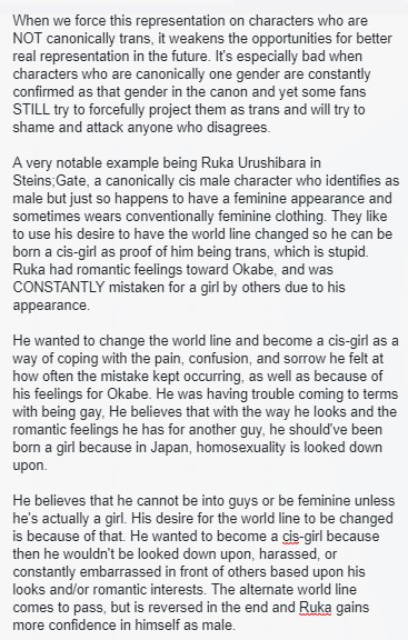 TheMissConnie92's tweet photo. Needs to be said. We need proper trans representation in media, and need to STOP projecting characters as trans when canonically they are not. #TransRepresentationInMedia #RukaUrushibara https://t.co/3nJJzIn60i
