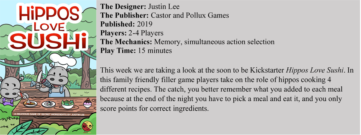 lostlootgames's tweet photo. Check out our preview of Hippos Love Sushi, hitting Kickstarter later this week. Perfect for a family filled game night! 
#boardgames #cardgames #Kickstarter https://t.co/6nsvGLrwN4 https://t.co/1p3A8BhApy