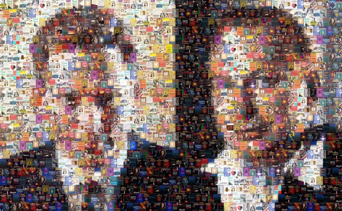 This picture was created by a fan of <a href="/Commodoresmsngr/">Janis Gillham-Grady</a> &amp; all the whistleblowers. Comprised of 95 books &amp; pamphlets on Scientology written by ex-Scientologists &amp; journalists. Zoom in - it's pretty awesome. #NanaBooBooWeHaveMoreBooksThanYouDo #SouthPoleElfPortrait #BlueLipsSpecial