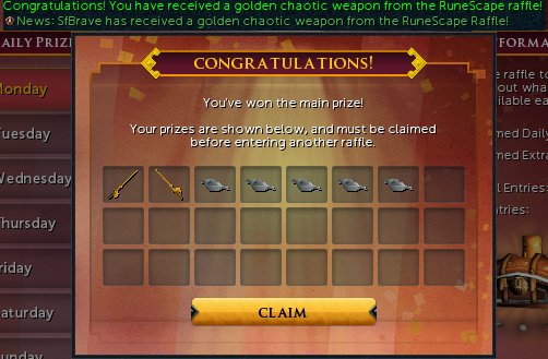 RsSfBrave's tweet photo. Won some dazzling Golden Chaotic Weaponry from the @RuneScape September raffle, my first set!
It'll match with my Golden Barrows set. 🙂
#Raffle #GoldenWeapons #Lottery https://t.co/feVaRxIHKo