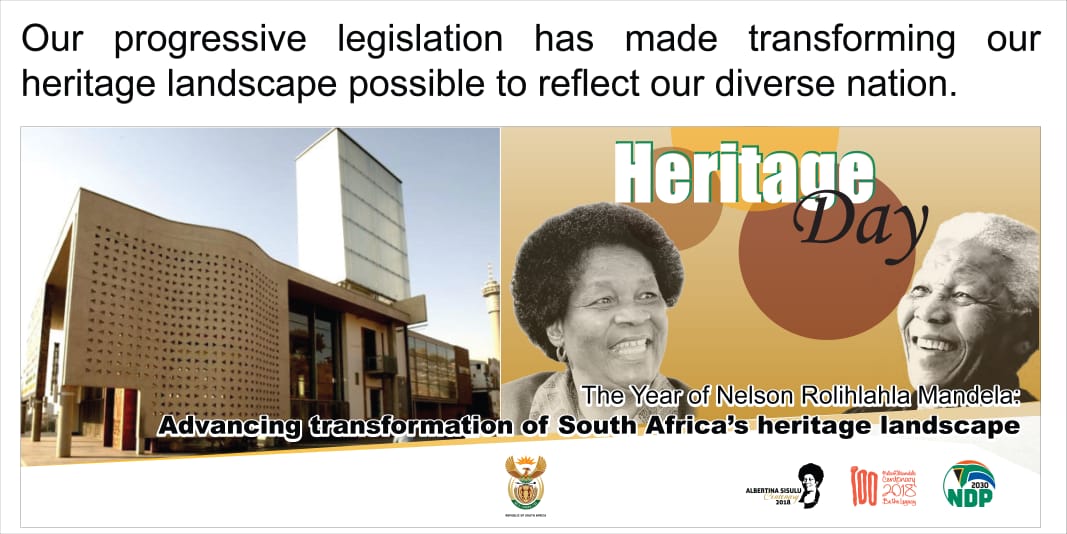 Happy Heritage Day South Africa. Our progressive legislation has made transforming our heritage landscape possible to reflect our diverse nation. Let’s come together to share, celebrate and showcase our cultural heritage. #HeitageTransformation #HeritageDay