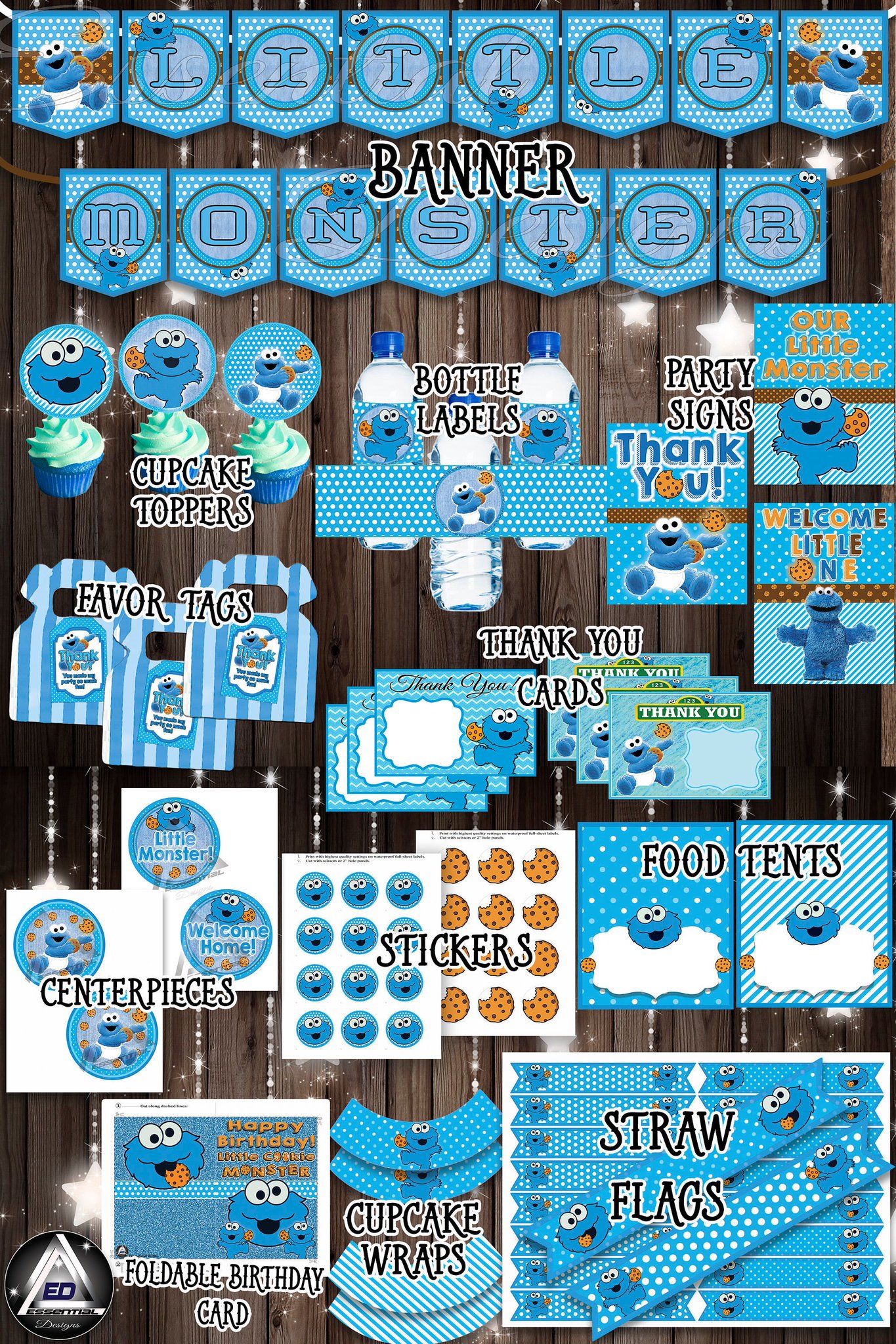 The Essential Designs on X: Cookie Monster Party Kit, Baby Shower