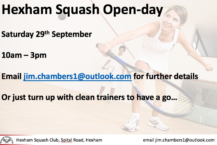 Hexham Squash Club open-day: Saturday 29th September, 10.00 - 3.00