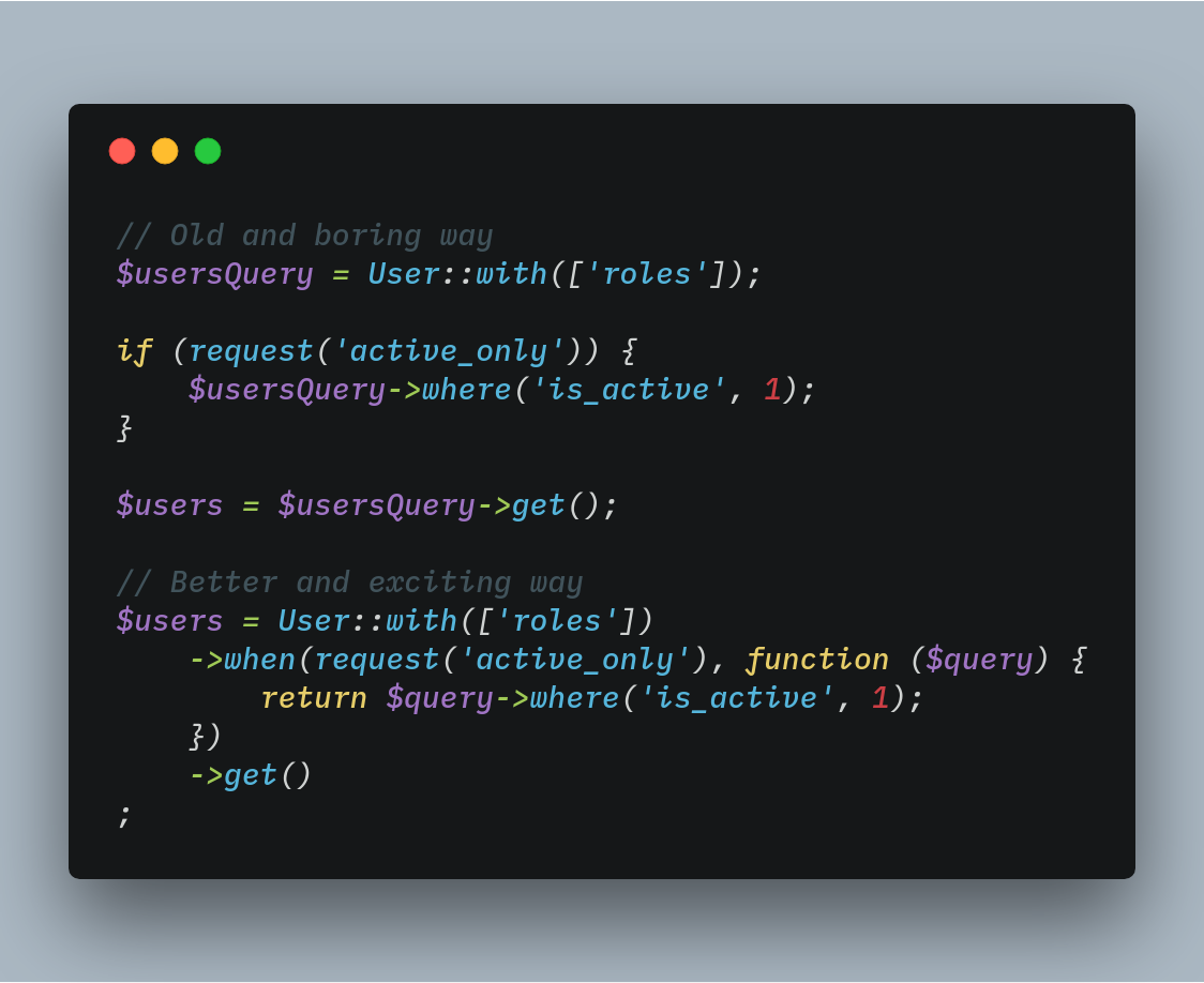 gauravmakhecha's tweet image. 🔥#Laravel tip: Apply clauses to a query conditionally laravel.com/docs/queries#c…