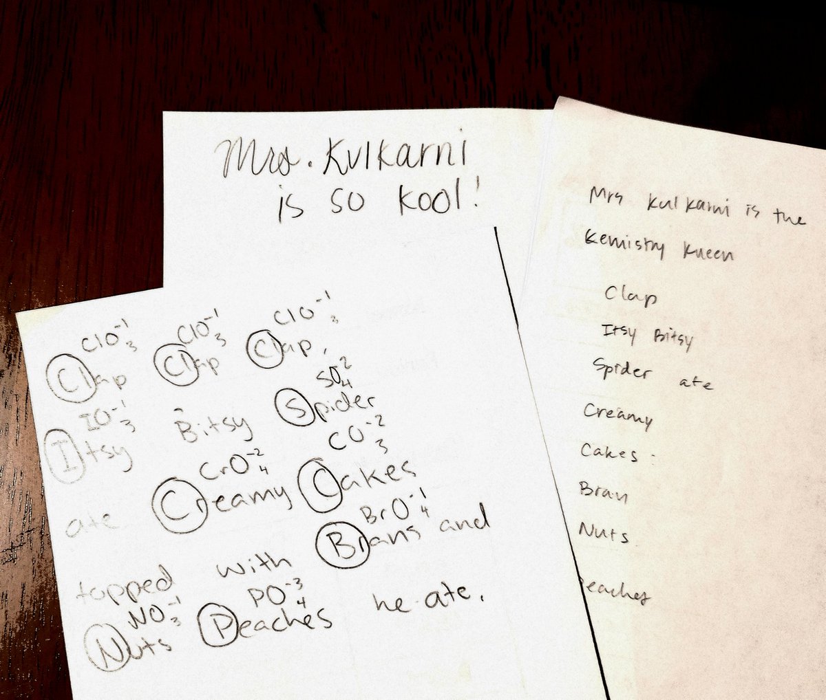 SandyKulkarnee's tweet photo. I am feeling #Thankful to find my students writing heartfelt notes for me on the back of their quizzes. Also #ProudTeacher moments when I see them writing words of the song from my #Polyatomics #Flippclass video to help them memorize. https://t.co/zRt93e98nw