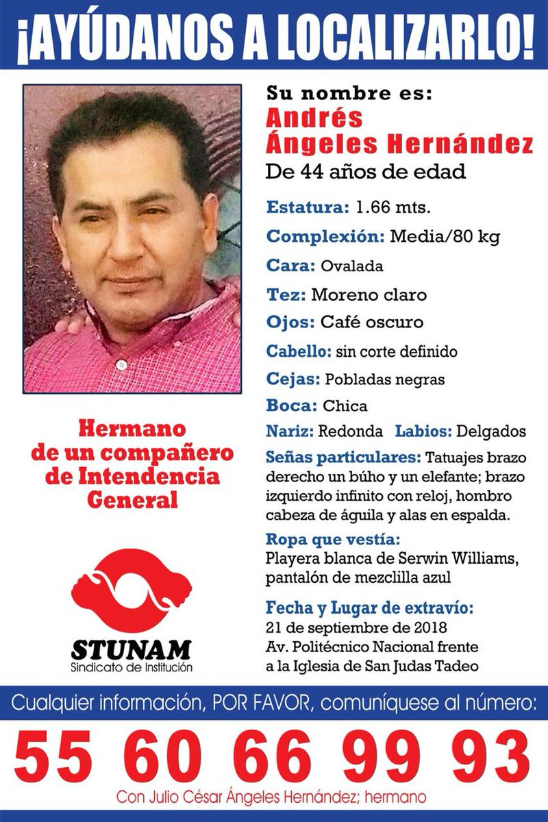 Amigos, apoyemos en la
búsqueda del compañero, familiar del <a href="/stunam/">STUNAM</a>.